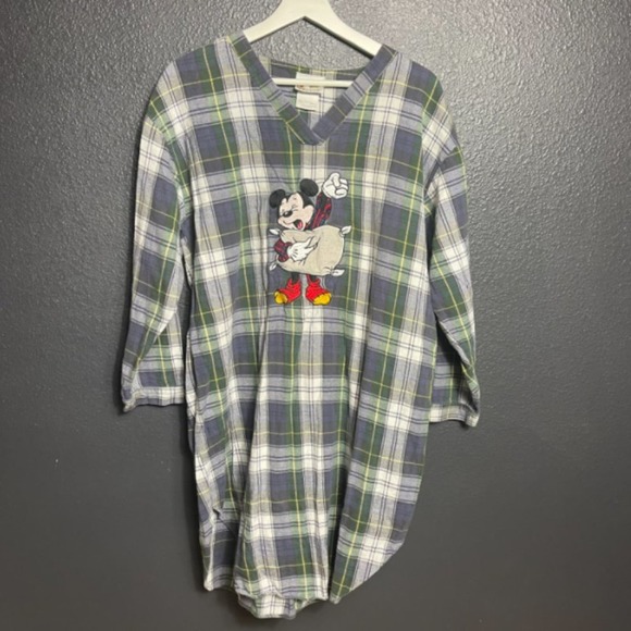 Disney Women's Vintage Mickey Mouse Green Plaid Sleepwear Pajama Shirt Size S/M - Picture 2 of 5